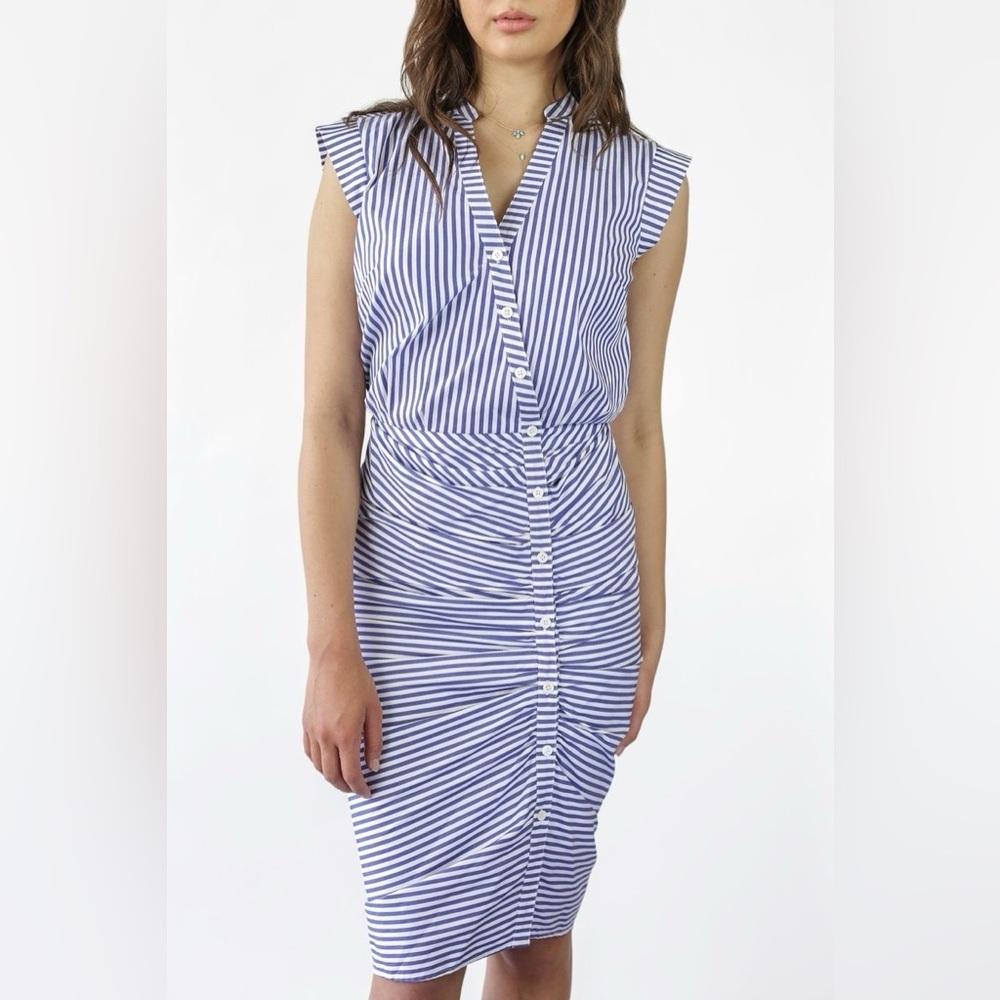 Veronica Beard Ruched Striped Cotton Shirt Dress Sleeveless Size 10 Blue EUC - Picture 2 of 13
